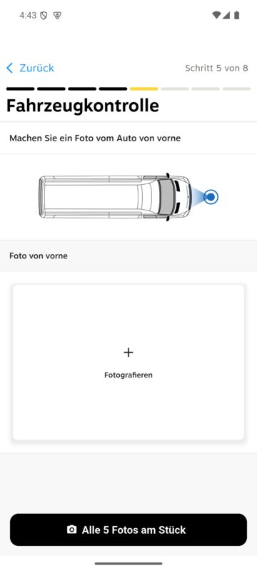 Fotoschritt der Fahrzeugkontrolle mit dem Knopf „Alle 5 Fotos am Stück“