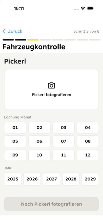 Pickerl-Schritt mit „Schritt 3 von 8“ und Raster für Monat und Jahr