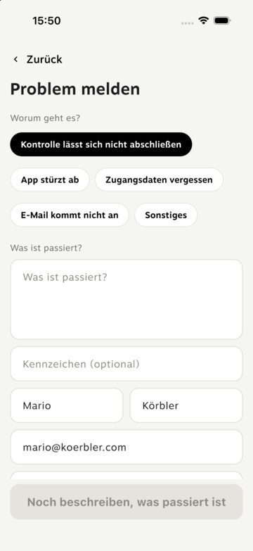 Formular „Problem melden“ in der WUMS App