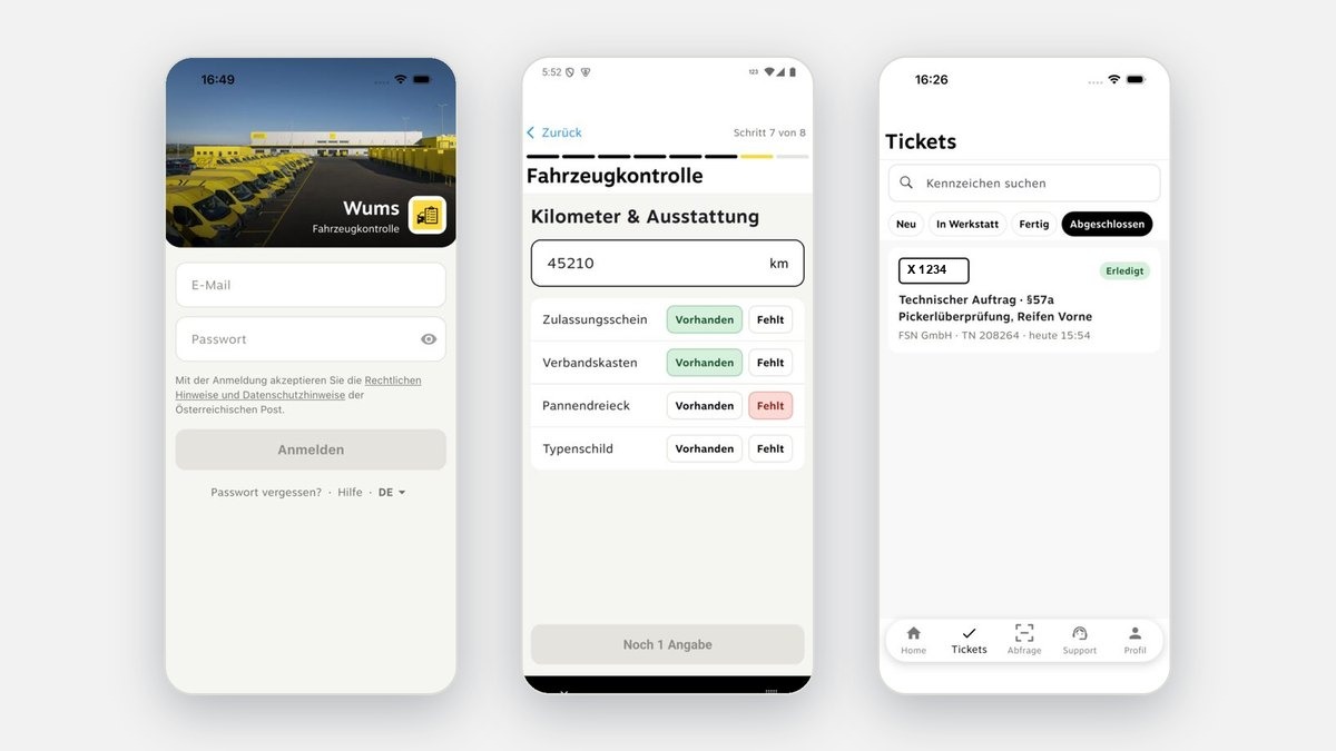 Drei Ansichten der WUMS App 3.1: Anmeldung, Kilometer & Ausstattung, Ticketliste